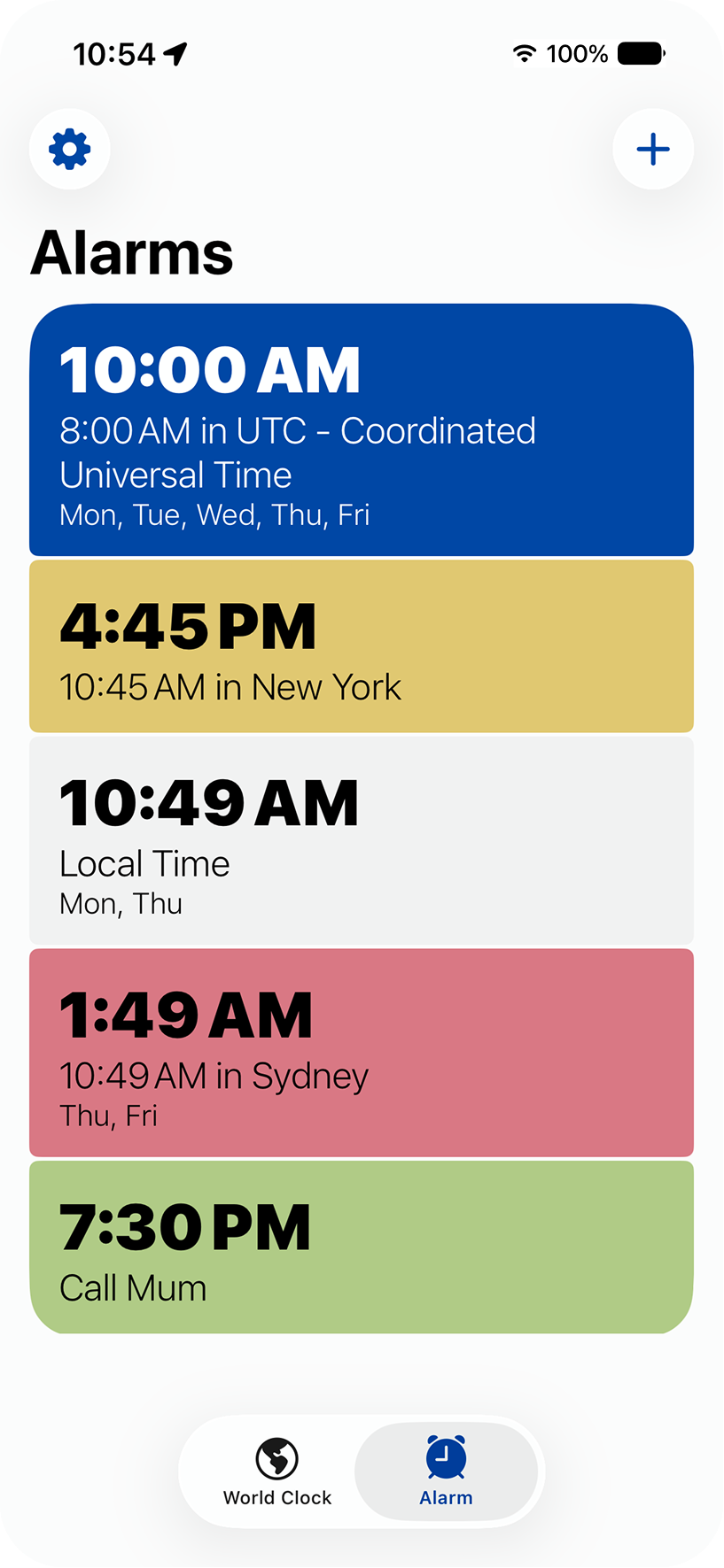 GoTime alarms screen with an alarm set to 10:45 AM in New York